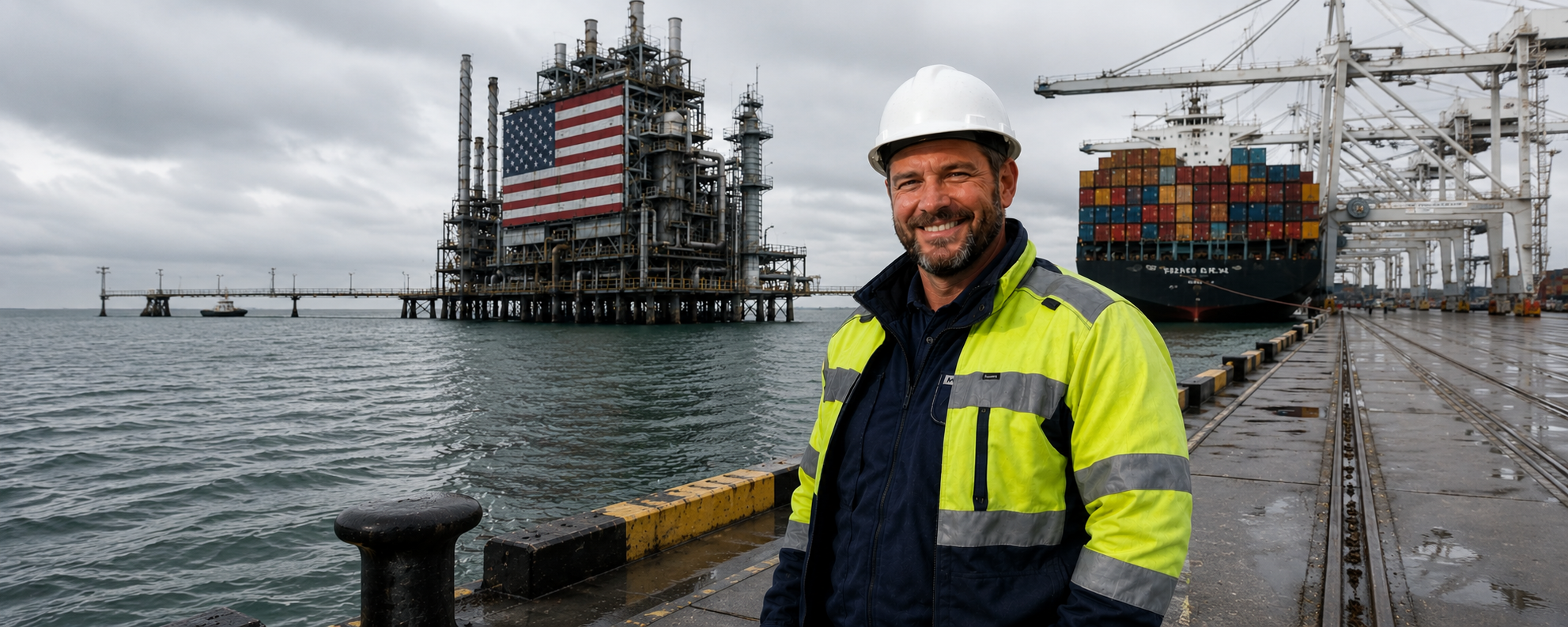 Port operations worker on a commercial dock with refinery infrastructure, container vessel, and gantry cranes in the background