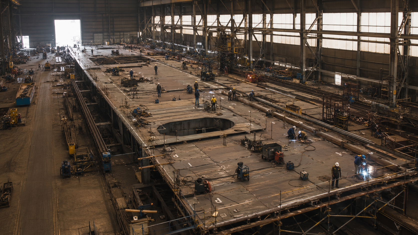Workers inside a massive shipyard fabrication hall welding steel deck sections